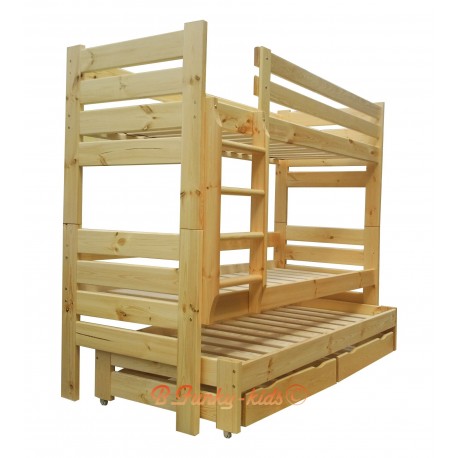 Solid pine wood roll-out bunk bed Gustavo for 3 persons with mattresses and drawers 180x80 cm