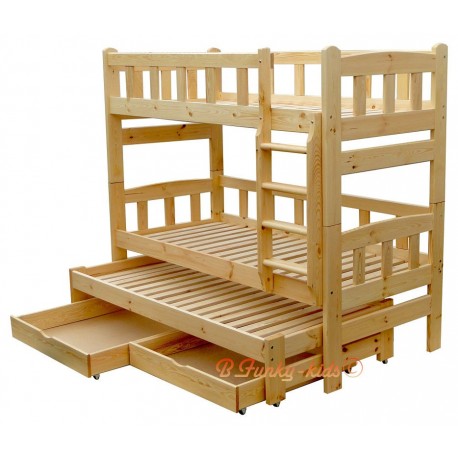 Solid pine wood roll-out bunk bed Nicolas for 3 persons with drawers 180x80 cm
